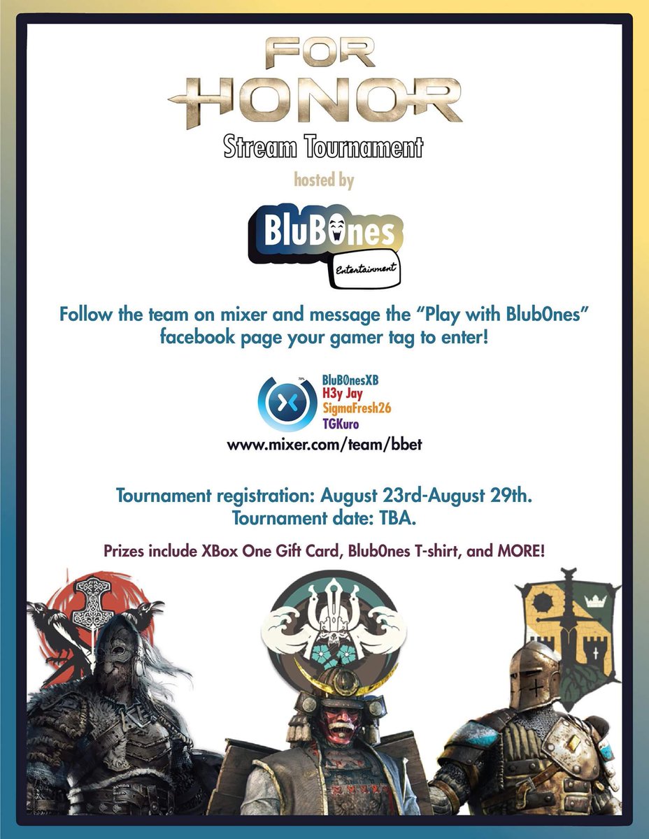 shaberrywaffles's tweet photo. Guess what guys! The BBET team will be hosting a @ForHonorGame Tournament on @WatchMixer!

Enter for some cool prizes and fun!

And be sure to catch today's stream @2PM EST.
#pwbb #gamers #Microsoft #Xbox
#streamteam #contest #GG #tournament #blerd #blunation #ForHonor #fun https://t.co/FswJIlJBEz