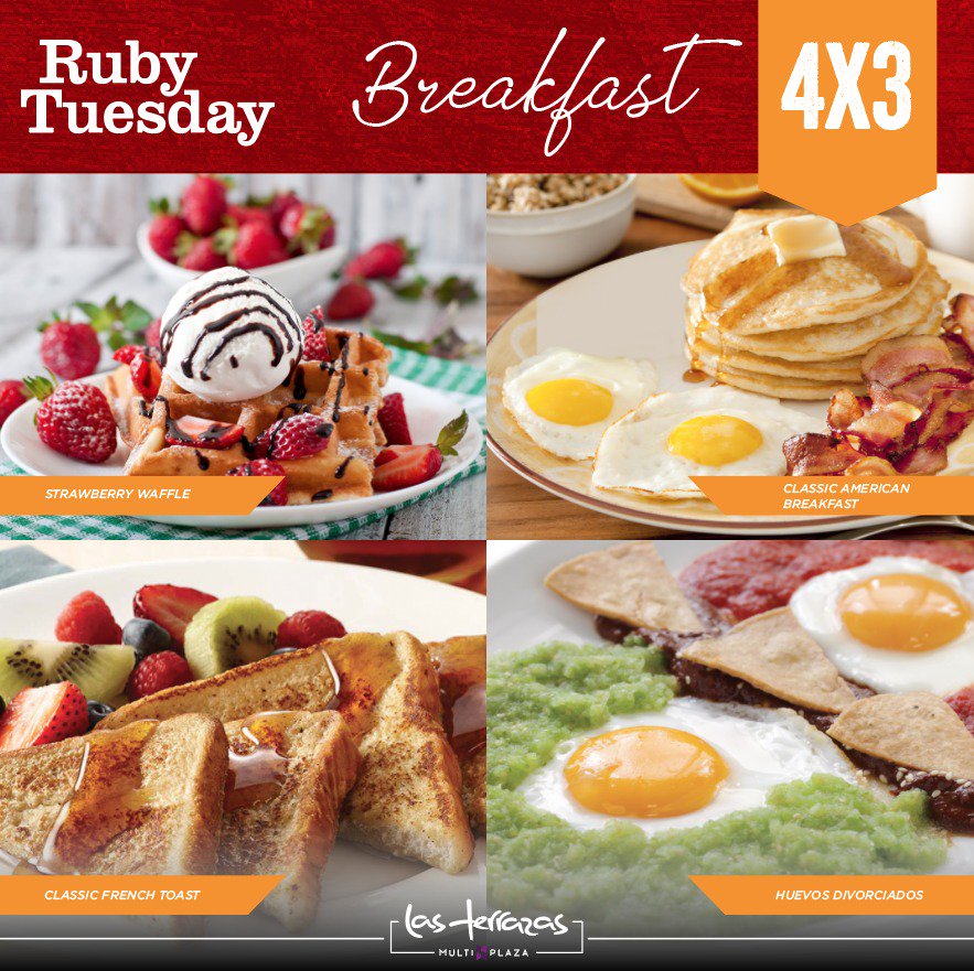 RubyTuesdaySV's tweet photo. En @RubyTuesdaySV  tenemos #Desayunos los sábados y domingos de 7:00 am a 11:00 am deliciosos! #Promo 4x3 https://t.co/1bkwhNkvjI