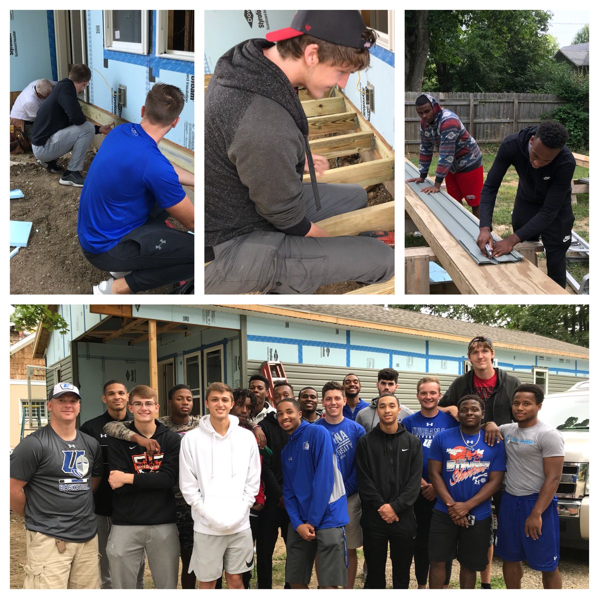 NickDials's tweet photo. @UrbanaU @UrbanaU_Sports #MBB getting it done in the community... Helping build a home with @Habitat_org in Urbana. #FirstClassGuys #CommunityFirst #Uwill #BanaBall https://t.co/d4TLE6P1EA