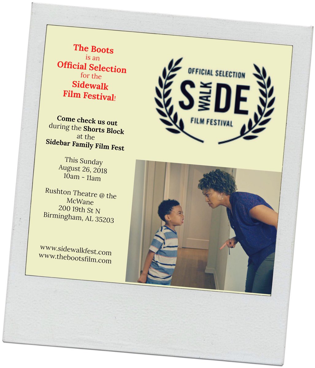 TheBootsFilm's tweet photo. The Boots is an Official Selection for @sidewalkfilm Yay! 

Come check us out this Sunday, 8/26 10am
 
Rushton Theatre @ the McWane
200 19th St N Birmingham, AL 35203
https://t.co/ZWOCzcGM0B
https://t.co/k3ifuklGmd

#shortfilm #family #fun #thebootsfilm https://t.co/5UC0YoGWgU