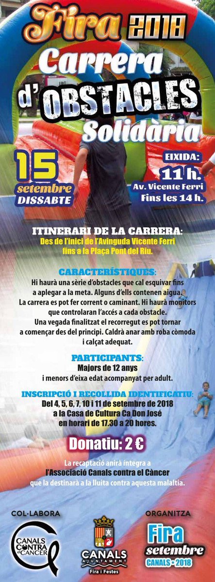 RequenaCanals's tweet photo. Enguany repetim en la #FiraCanals2018, la Carrera d'Obstacles Solidària, on et divertiràs amb les proves, les animacions, els inflables aquàtics i, per suposat, col·laboraràs amb una bona causa, @CanalsCancer. 

#FestesCanals #Canals https://t.co/LlvvIt30eq