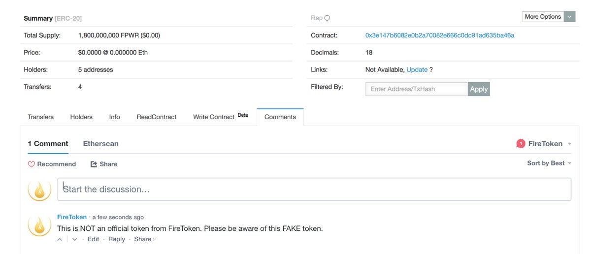 fire_token's tweet photo. @Exrates_Me Please be aware of FAKE token by verifying our contract address. The correct address is: 0xdd92e60563250012ee1c4cb4b26810c45a0591da

https://t.co/fo0mb1AFux

We added a comment on the FAKE token to distinguish the fake token from our official token. https://t.co/K09UFi9apC