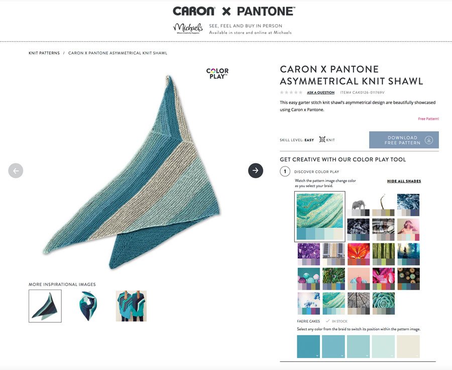StudioKnitSF's tweet image. Now that I’ve seen how my Asymmetrical Shawl knits up in other Caron x Pantone colors, I’m excited to knit up another one! Play around and create your own combinations using the Color Play Tool! #caronxpantone #colorplay
COLOR PLAY yarnspirations.com/ca-en/caron-x-…