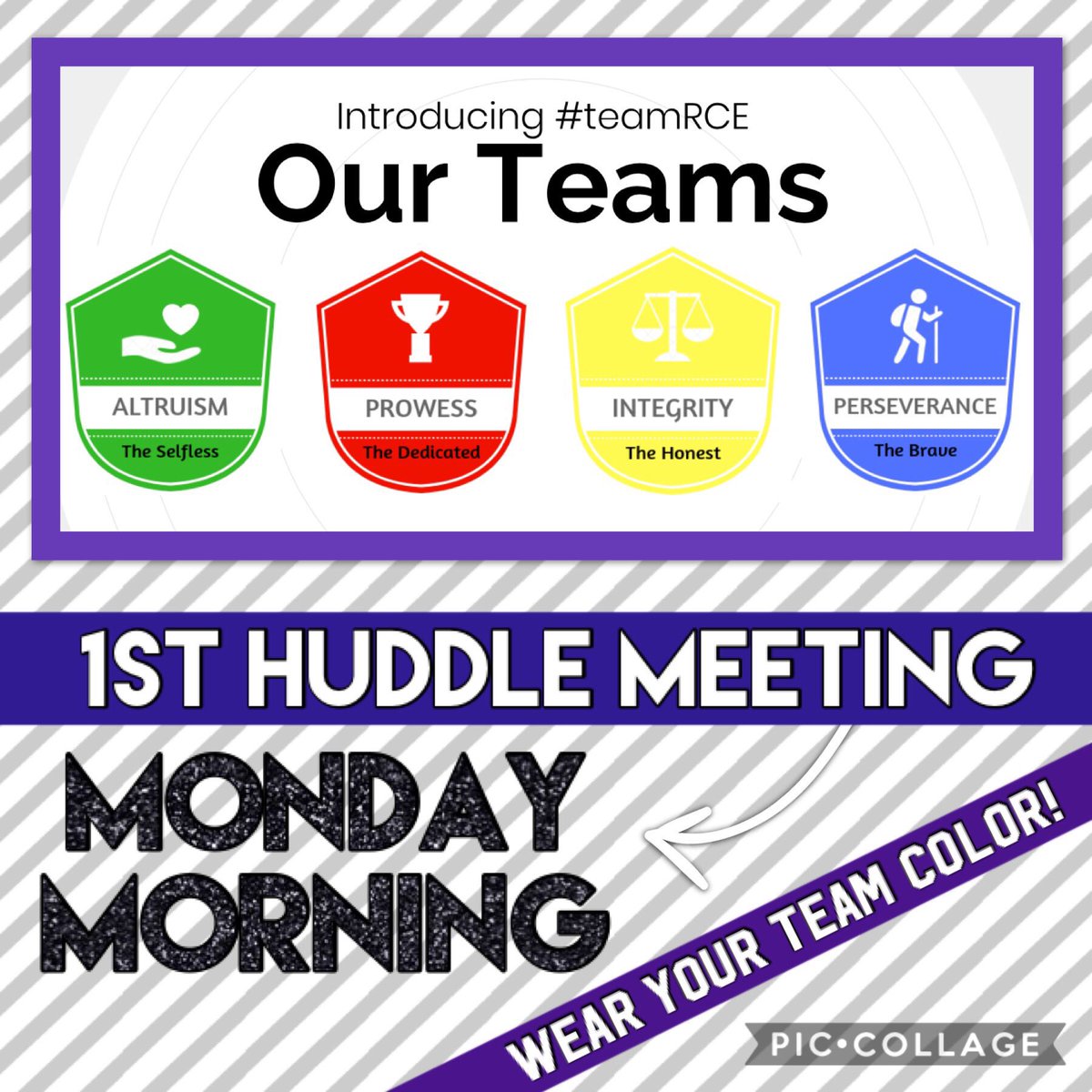 RCEMiddle's tweet photo. We are so excited about our #PantherHuddle🐾 meetings on Monday mornings! Don’t forget to wear your team colors to so your pride #teamRCE🐾 #teamALTRUSIM🤝 #teamPROWESS🏆 #teamINTEGRITY⚖️ #teamPERSEVERANCE🧗🏻‍♀️ https://t.co/Dw5dwxa8Wz