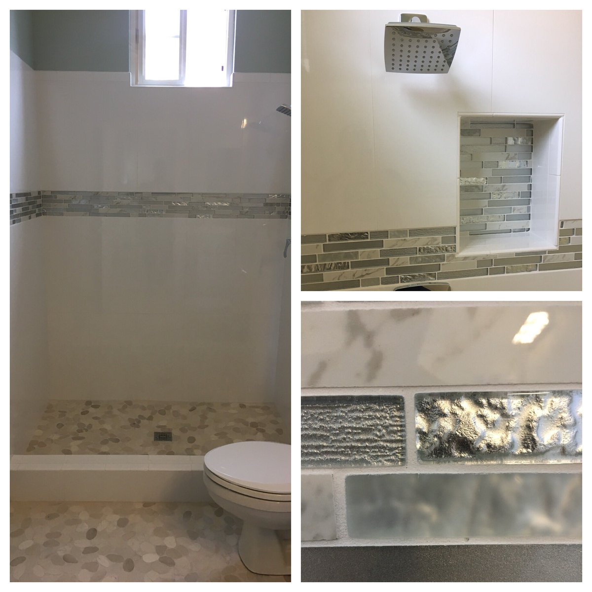 RedtailReno's tweet photo. Getting that light beachy feel with bright white tile, rock Flooring and a glass banding. #remodel #avilabeach #centralcoast #slo https://t.co/NRAuwwAV6A