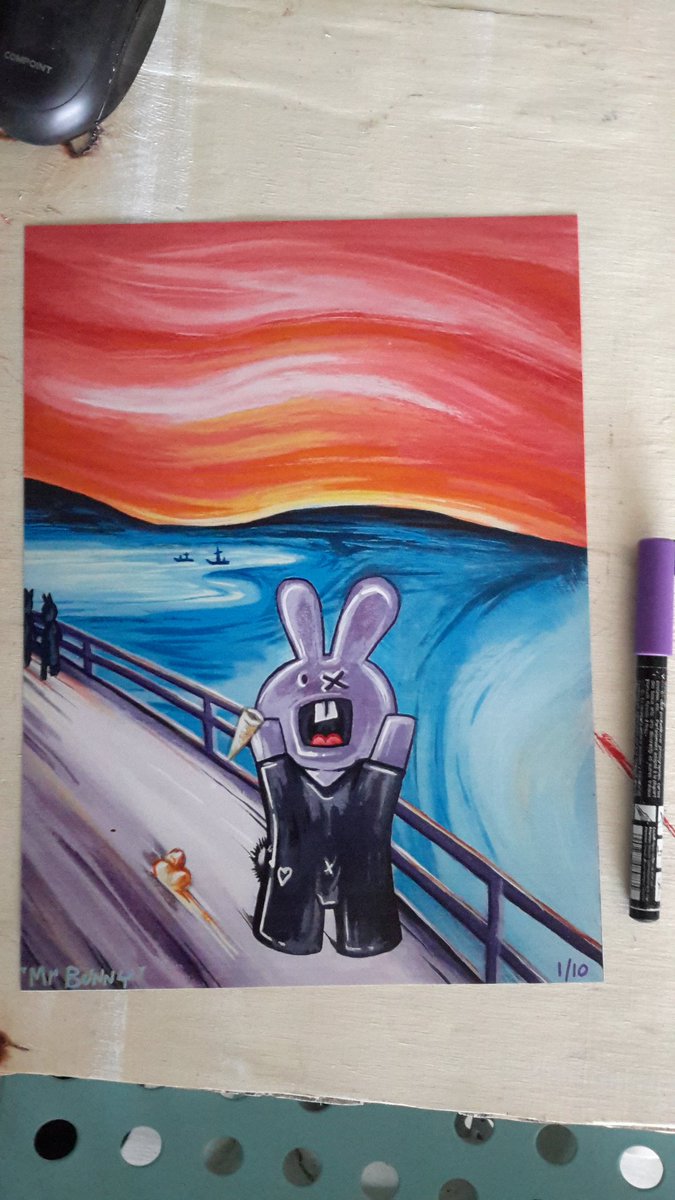 Just 5 of the prints left now , just a run of 10 , numbered and signed on reverse from my piece 'Icecream! ,,! ' (sold) , message for details #mrbunny #bunny #rabbit #bunnylove #Munch #famousart #thescream