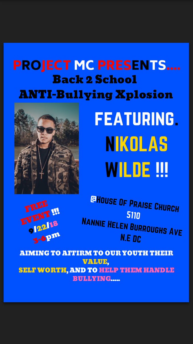 TMOMF1's tweet photo. Nikolas Wilde is bringing the party!!!!! My boy @iamprojectmc is hosting a special #antibullying event. IT’S FREE!!! Not to mention LOTS OF FUN!! COME OUT, COME ALL!!!!
#iamnikolaswilde #wildestyle #event #trend #viral #hiphop #antibullying #dynamicduobackatit https://t.co/m8F73nw4bs