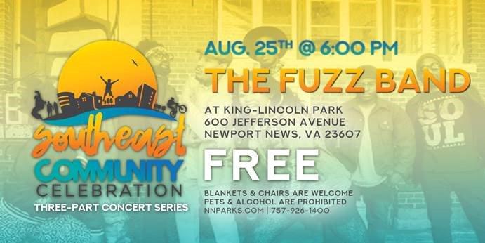 CityofNN's tweet photo. Come out to the Southeast Community Celebration at King Lincoln Park this evening at 6 p.m. for a free concert featuring the Fuzz Band. Chairs and blankets welcome. No alcohol or pets. https://t.co/UmxPsItfR6