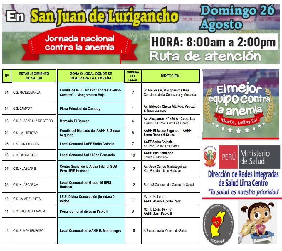 CODISA_SJL's tweet photo. La Sociedad Civil Organizada articulando con el sector Salud @Minsa_Peru @DIRISLimaCentro  impulsamos como @CODISA_SJL la JORNADA DE LUCHA CONTRA LA ANEMIA en SAN JUAN DE LURIGANCHO.
Difusion Total, este domingo 26 desde las 8:00am hasta las 2:00pm.
Gratuito https://t.co/jyGDoTpDbd