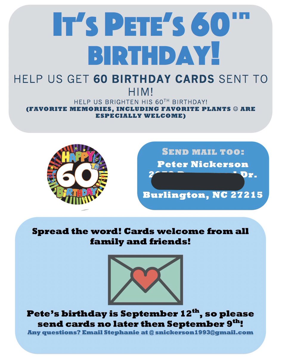 MamaSnicks's tweet photo. Hello twitter fam!! My Dad turns 60 next month, and because he is housebound/bedbound, we are trying to get 60 people to send him birthday cards!!

If you’d like to send one, please DM/txt me for full address (because the internet is a crazy place lol)!! https://t.co/DKLsue2ltA