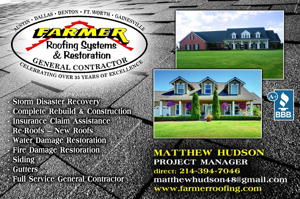 hudsontxrealty's tweet photo. My newest adventure-Farmer Roofing Systems & Restoration, a full service company in the DFW area. If you think your home or business might have damage, give me a call.
#dfwhomes #texasrealestatemarket #dfwlocalbusiness #sellyourhome #dfwroofing #roofingcontractor https://t.co/cYpxF5cKC3