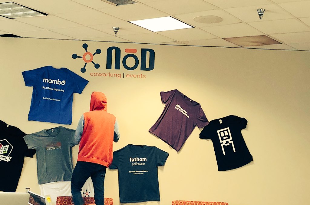 nodDFW's tweet image. new art project coming together on the NōD "wall" by local t-shirt collage artist @boxheadpixelart