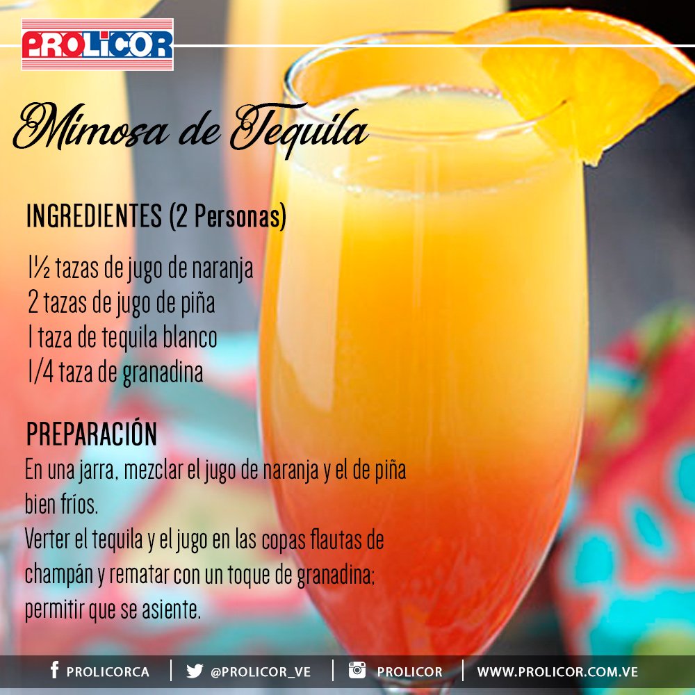 PROLICOR_VE's tweet photo. #RompeLaRutina con el cóctel "Mimosa de Tequila" #tequila #naranja #piña #granadina #ProlicorTips https://t.co/61MCQ7rZXx