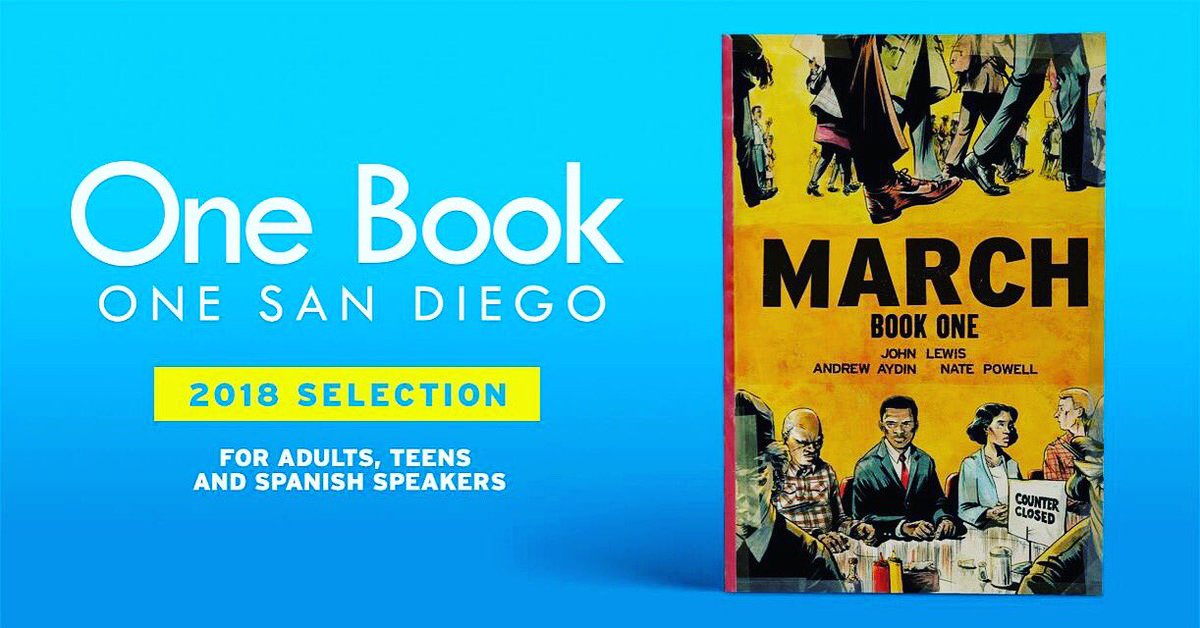 SDCountyLibrary's tweet image. Announcing the 2018 One Book, One San Diego selection: March: Book One by Congressman John Lewis, Andrew Aydin and Nate Powell! Visit our website for a list of exciting events around the book through the fall. kpbs.org/onebook #onebookonesandiego #obosd #2018 #ilovesdcl