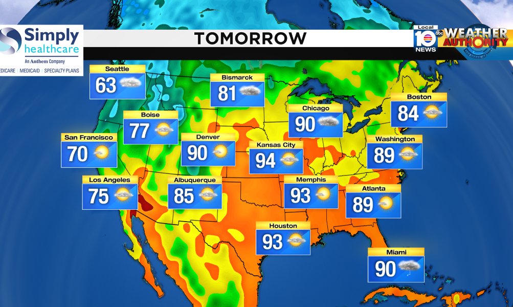 Here is the national forecast for tomorrow Presented by Simply Healthcare https://t.co/5g3teZA7e2