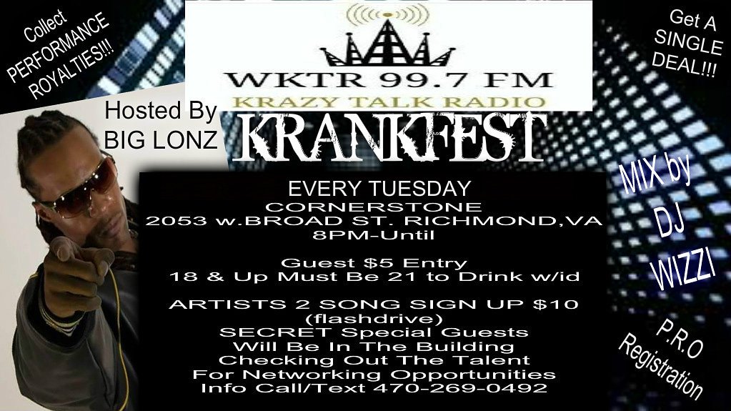 KRAZYTALKRADIO's tweet photo. Come out EVERY TUESDAY #KRANKFEST Richmond #VCU
ATTN artists looking for a platform &amp; more! Hosted by WKTR 99.7 FM
KRAZY TALK RADIO
Music by DJ WIZZI..
Get Interviewed Live
SINGLE DEAL OFFER
sponsored by #LOKNENT👆🔒 https://t.co/v9L7V4qxwG
