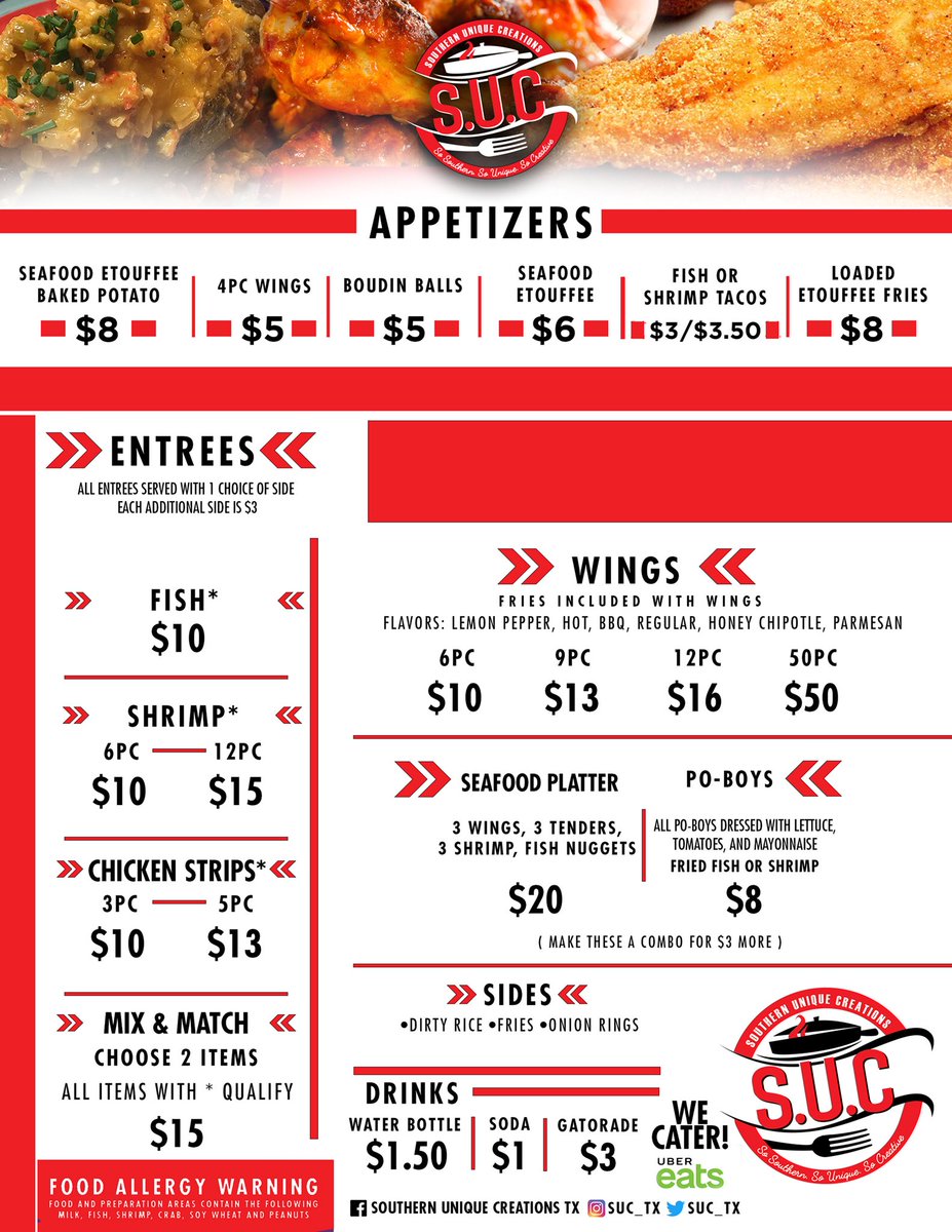 SUC_TX's tweet photo. EVERY Saturday from 6pm-3am!😱
•
•
•
Tonight’s feature is our #mixandmatch combo! Can’t decide if you want fish, shrimp or chicken tenders? We heard you and it’s here! #SwipeLeft ⬅️
•
•
•
#SouthernUniqueCreations #SUC #Catering #FoodTruck #Cajun #NowOpen #OpenUntil3am 😬 https://t.co/vQZPrl7NGN