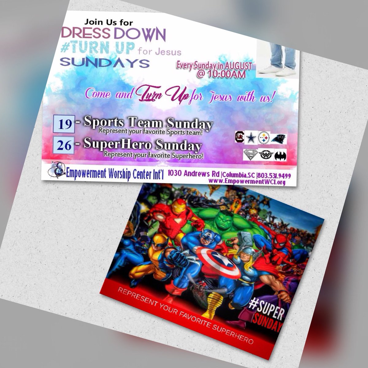 EWCIntl's tweet photo. Join us tomorrow at 10AM for #DressDown Break out some jeans and your favorite #Superhero Tee and meet us at 1030 Andrews Rd in Columbia. Looking forward to seeing you there! #SuperSunday https://t.co/ut2uug0fwT