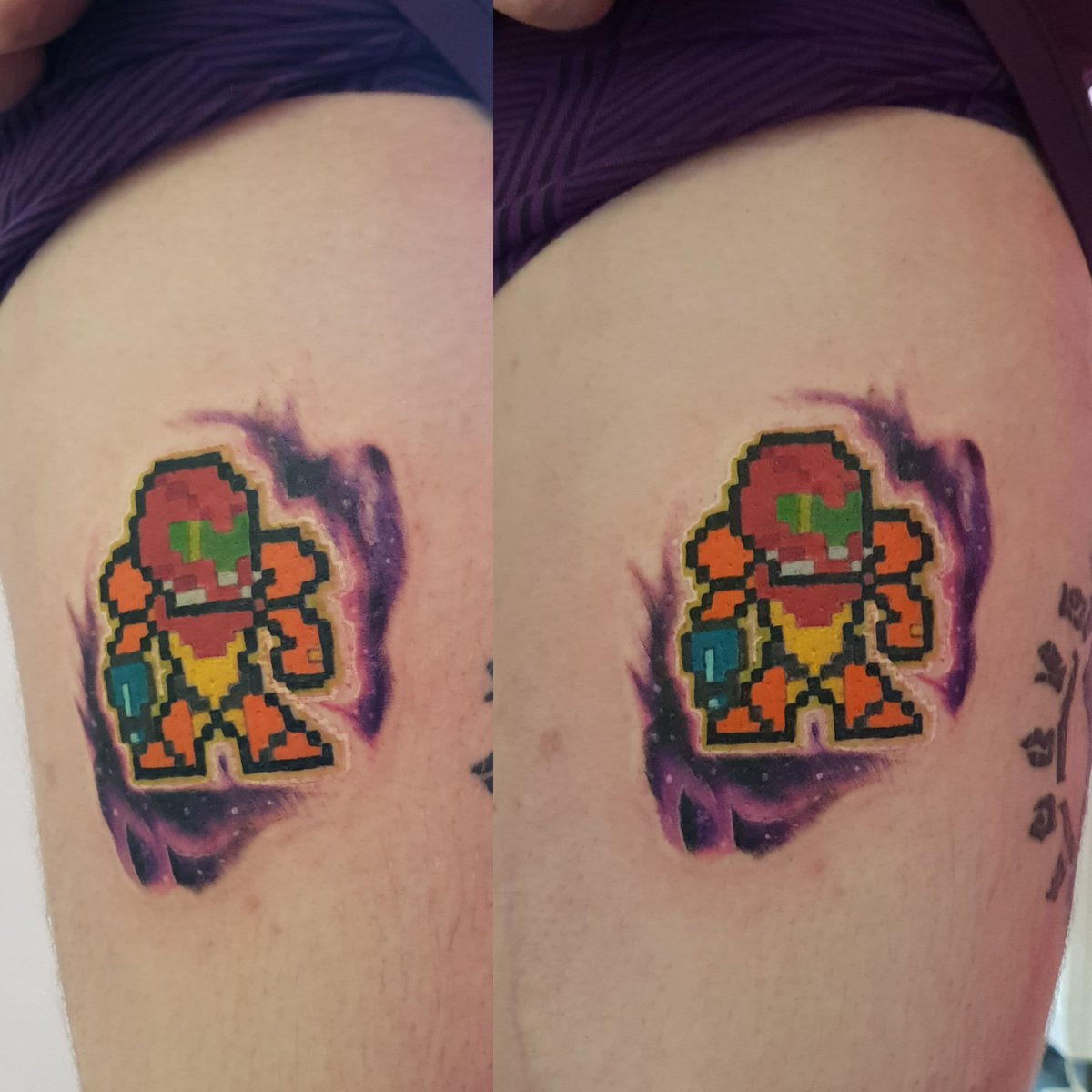 IxPhazeD's tweet photo. I got a new tattoo guys! I hope you all like it as much as i do :D 
#newtattoo #Samus #Metroid #8bittattoo #8bit #galaxybackground #stars #tattoo #tattoos https://t.co/BolB0bDbuH
