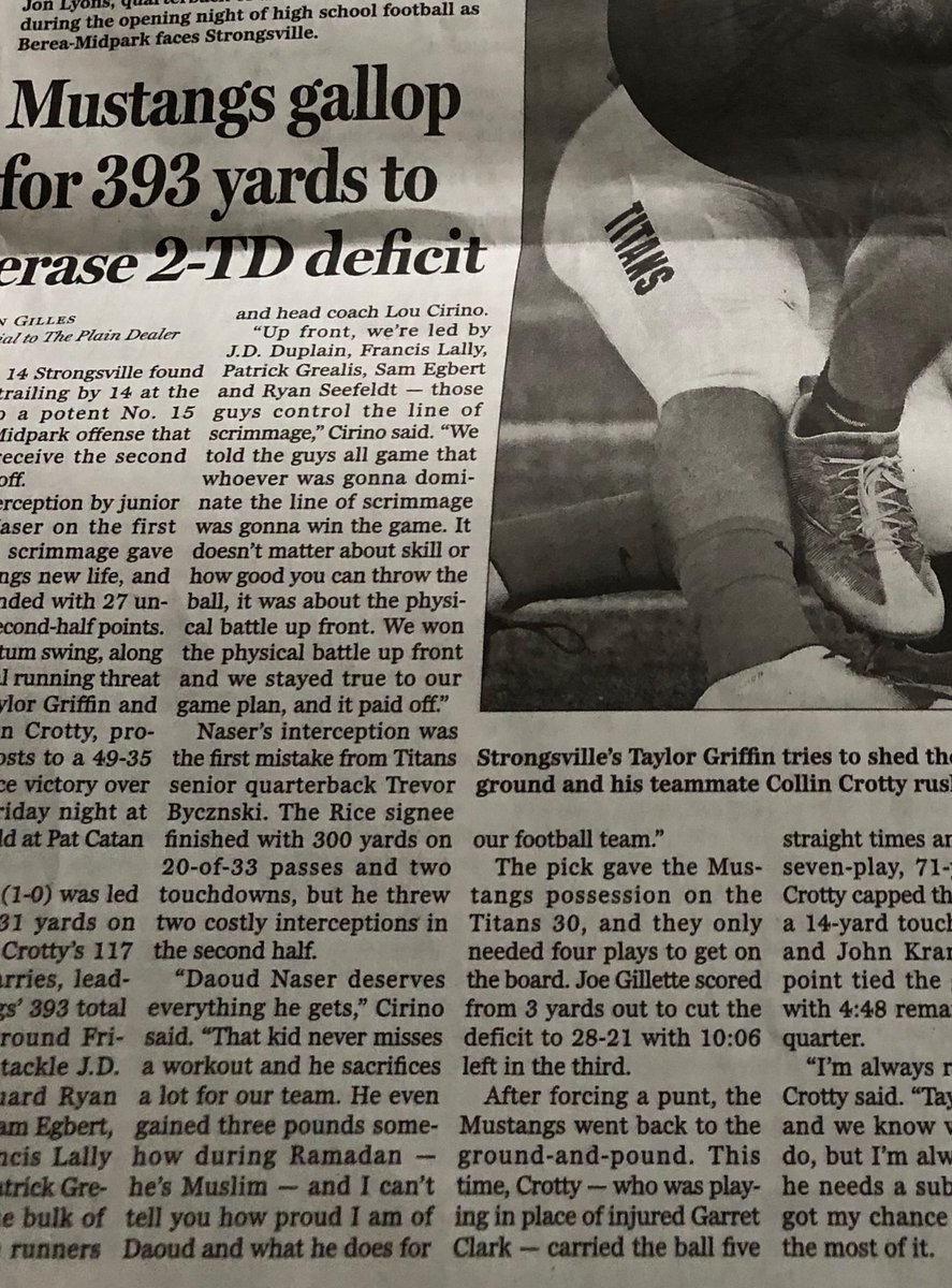 Great to see the entire community supporting us last night! THANK YOU! S/O to the O-Line. Last nights victory was all you guys! 1-0, on to Hudson. #StrongsvilleMustangs