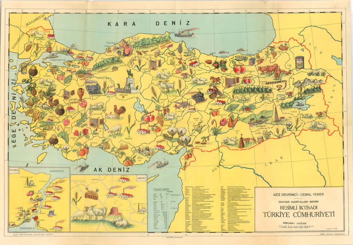 1940'lar bölgelere göre yapılan üretimleri gösteren bir Türkiye haritası.
Basma ve şeker fabrikaları dışında Kayseri'de uçak, Sivas ve Eskişehir'de lokomotif–vagon, Kars'ta süt tozu, Çanakkale'de balık konservesi fabrikaları da dikkat çekiyor.
