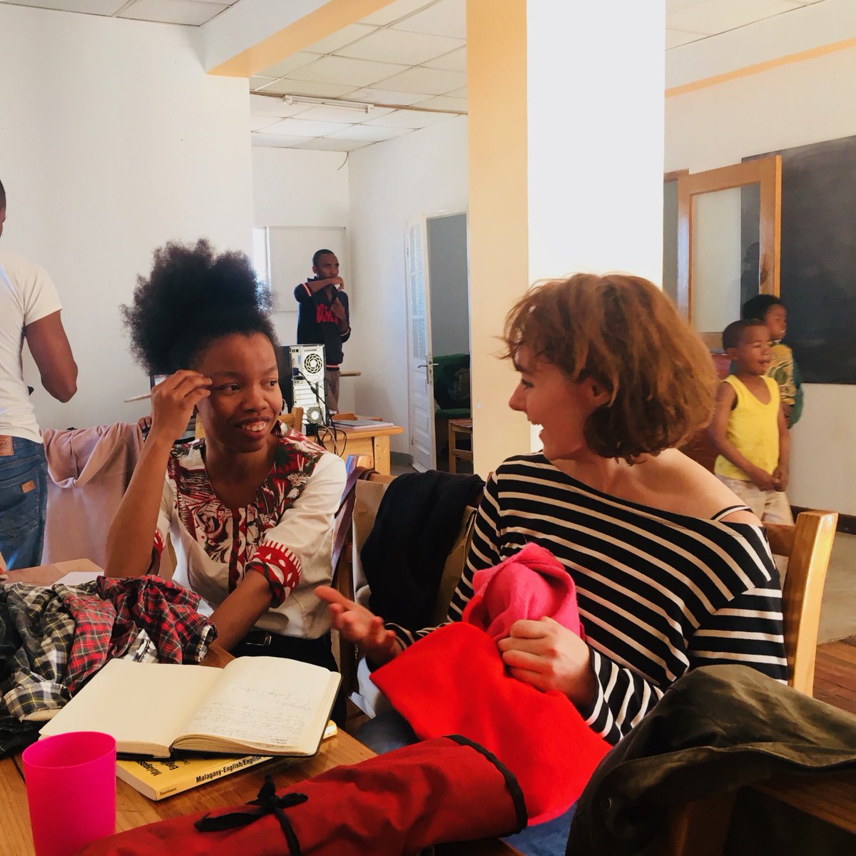 2 amazing ladies Sarah Grosman + Samy Sung discuss providing our 4th Yr kids w/ vocational training. Samy's co, 3 Ladies Pirates, will allow our girls to intern w/ their tailors for a yr + will help w/ job placement. #jobplacement #nonprofit #madagascar #sharelife #zaraaina
