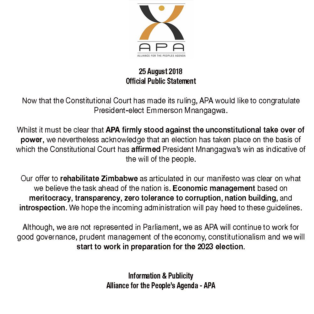 DrNkosana's tweet photo. Whilst it must be clear that APA firmly stood against the unconstitutional take over of power, we nonetheless acknowledge that an election has taken place on the basis of which the Constitutional Court has affirmed President Mnangagwa’s win as indicative of the will of the people https://t.co/MzV4SdEShF
