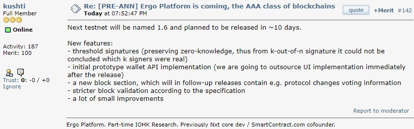 ergo_platform's tweet image. Testnet 1.6 will be released in the next ~10 days: threshold signatures (from k-out-of-n signatures, it could not be concluded which k signers were real), initial wallet prototype, a new section for changes through voting⚡

#Scorex #SigmaLanguage #ZKProof #SmartContracts $EFYT