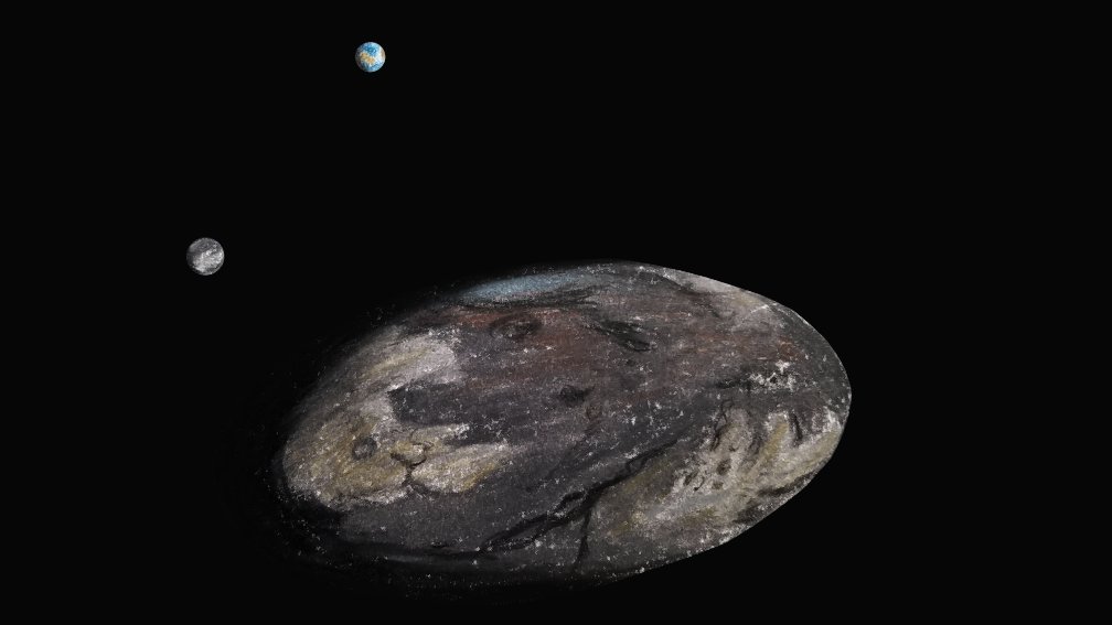 A drawing of Mesbin with continents and tectonic rifts and a blue spot on the pole