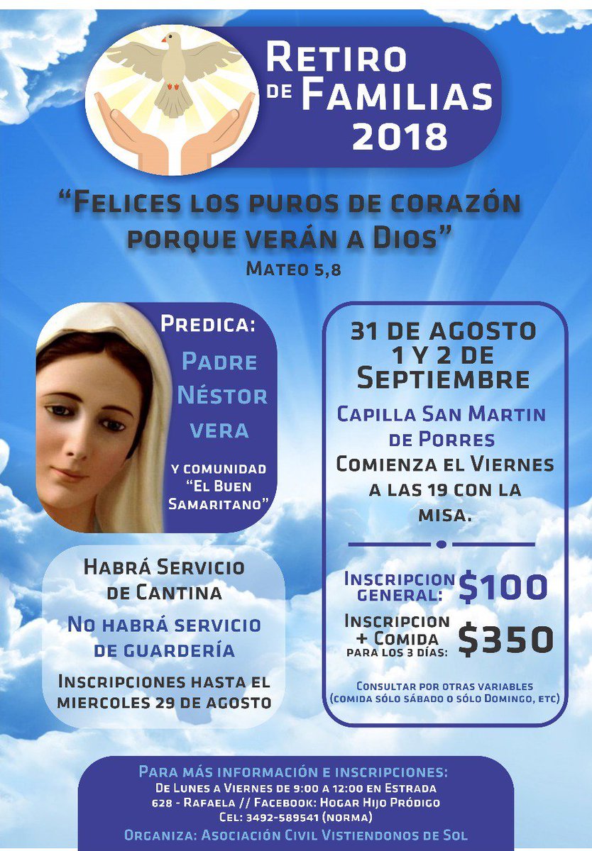 "Felices los puros de corazón porque verán a Dios" (Mt 5,8). Compartimos esta invitación para participar del Retiro de Familias durante los días: 31 de agosto, 1 y 2 de septiembre.
