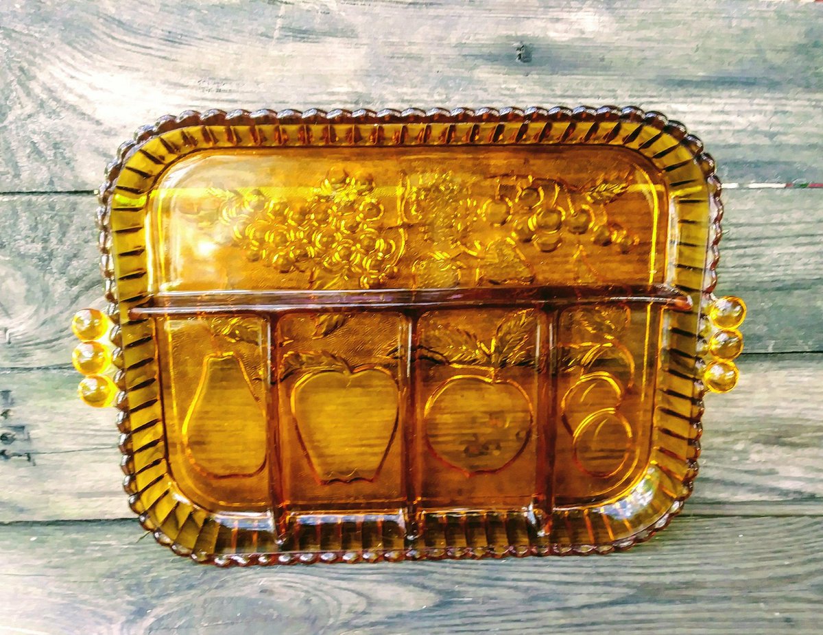 Amber Glass divided relish dish from Indiana Glass Company, 5 slotted serving tray with fruit motif #amberglass #servingtray #relishtray #divideddish #fruittray #indianaglass #1970s #serving #etsy #housewares #retro etsy.me/2Lq7R5M