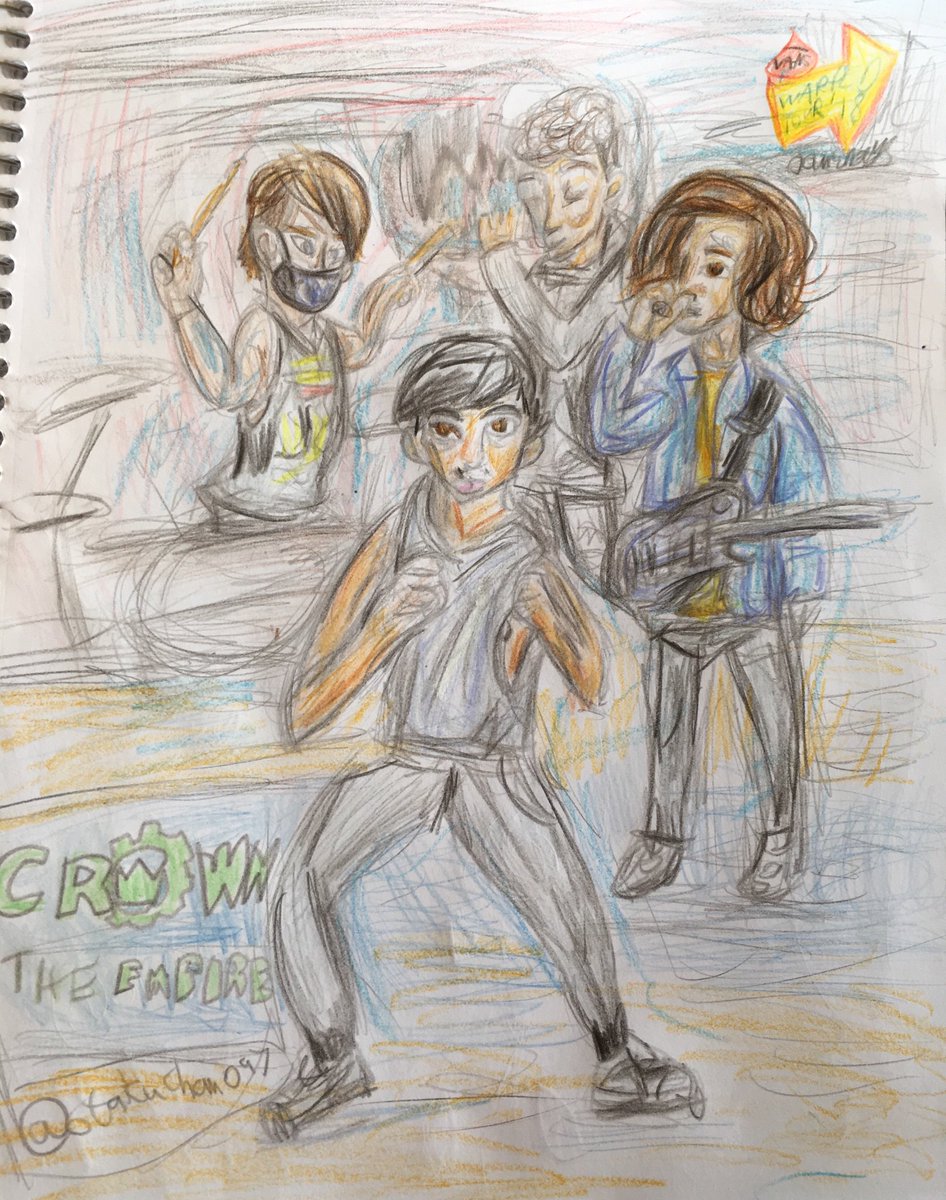 Emo_artist4life's tweet photo. Just drew the entire, @CrownTheEmpire band. Which consists of: @AndrewCTE, @BrandonCTE, @blessedbymunk, and @brenttaddie.
Enjoy! 😁❤️
#crowntheempire #warpedtour #fanart #andyleo #brandonhoover #brenttaddie #haydentree #ressurectiontour2018 https://t.co/MbSZCLILO1