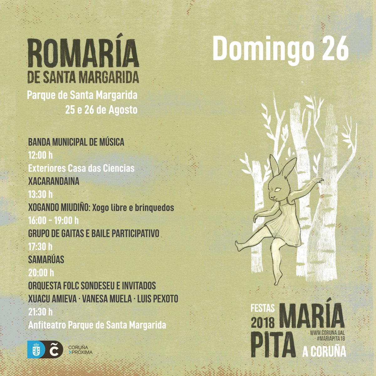 O parque de Santa Margarita acolle a romaría que despide as festas de #MaríaPita18 ata o ano que vén. Ás 12 actúa a <a href="/BMMCoruna/">Banda MM Coruña</a> xunto á Casa das Ciencias e despois a festa continúa con grupos de baile e música e os concertos de <a href="/Samaruas/">Samarúas</a> e Sondeseu Orquestra Folk.