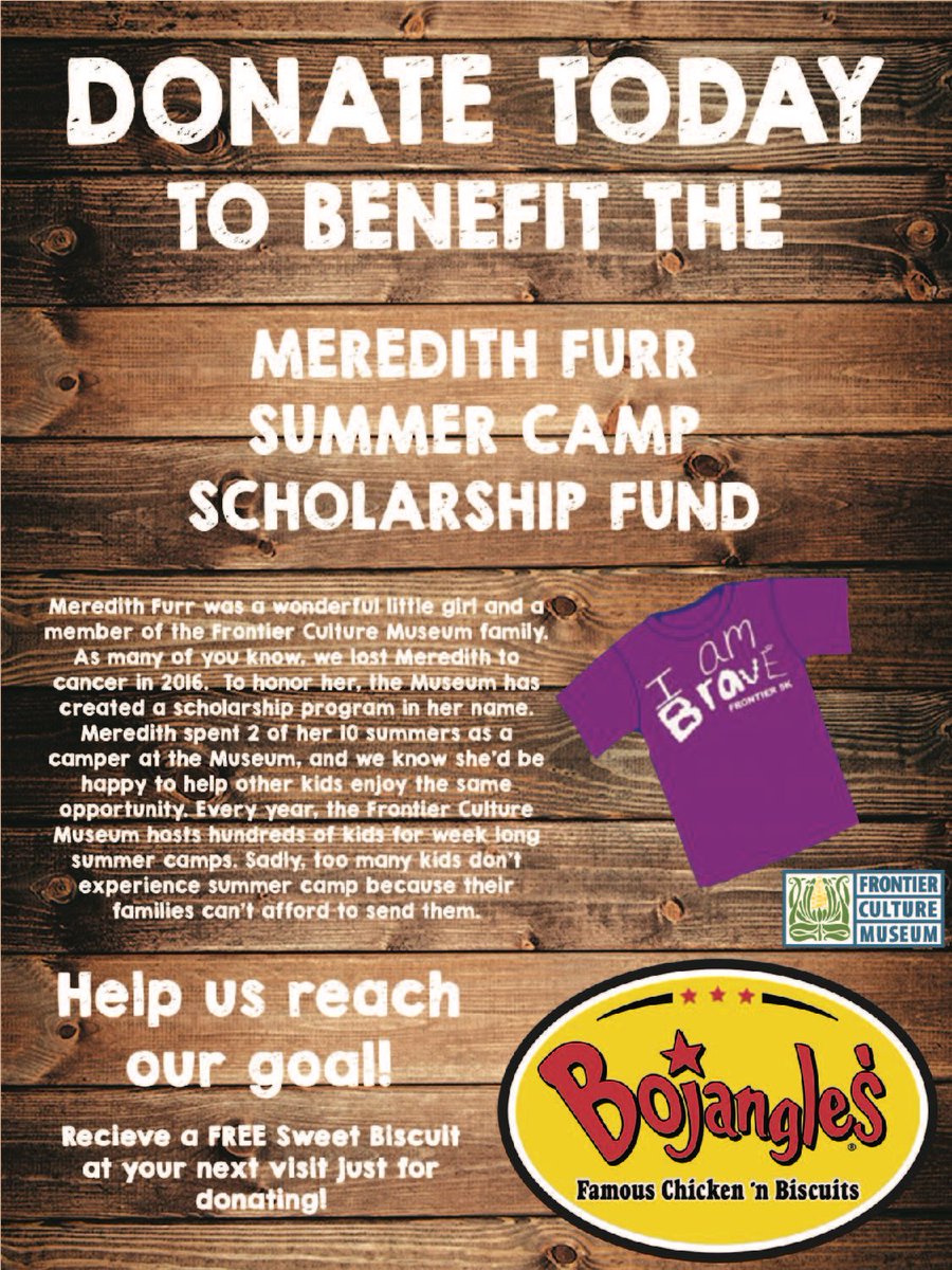 Help us send deserving kids to our history summer camp in honor of Meredith when you visit Bojangles now through September 5.