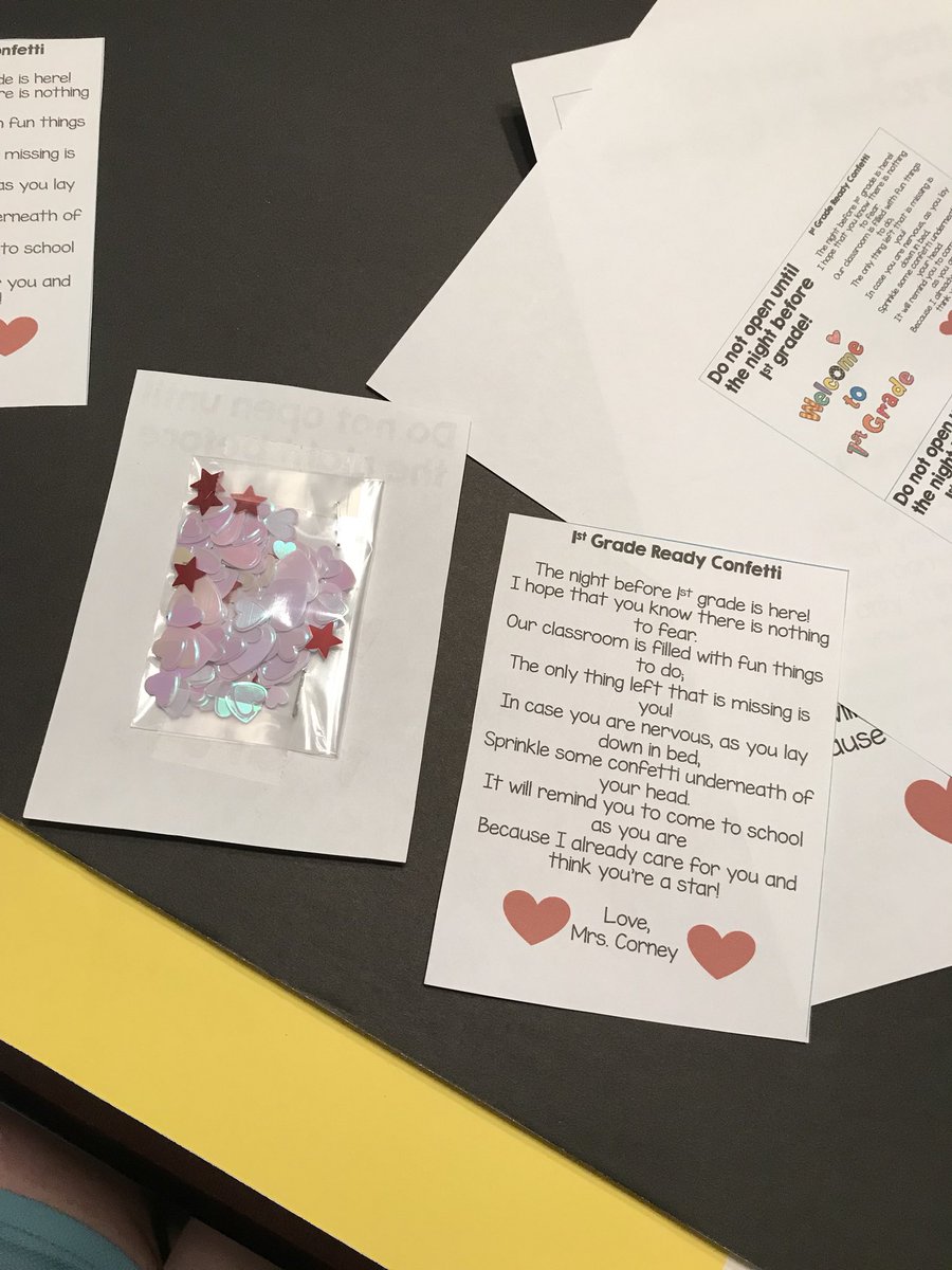 CorneysCorner's tweet photo. I’ve been busy preparing to meet my 1st graders at @PortsVASchools open house on Thursday! I made an extra packet of “1st Grade Ready Confetti” for myself too. My goal is to make sure the kiddos know I care about them from the start. 😁🎉 https://t.co/bvzFNgQNOm