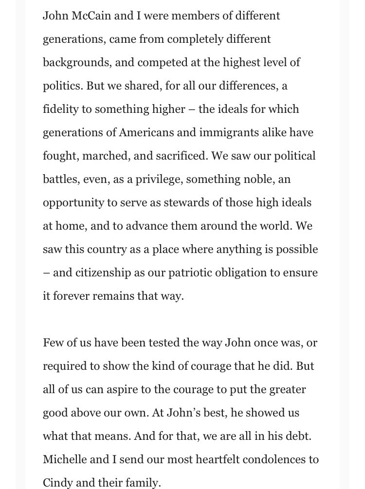 jeffzeleny's tweet photo. A statement from @BarackObama on the passing of his 2008 rival. They were different in virtually every way, but there’s no question they shared a respect. https://t.co/4H2R0DbJVj