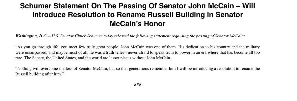 Phil_Mattingly's tweet photo. .@SenSchumer will introduce a resolution to rename the Russell Senate Office Building after Sen. John McCain: https://t.co/oY1XIbcL8U