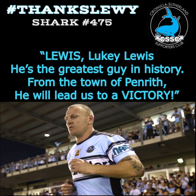 TheCSSC's tweet photo. #THANKSLEWY
•
Don’t miss the opportunity to farewell the Groova @LukeLewis1983 today from Shark Park. Our history making CC Medallist and the owner of one of our finer chants! 🗣😄
•
#CSSC18 #UpUpCronulla #LukeLewis #Groova https://t.co/tIi6iVK7XJ