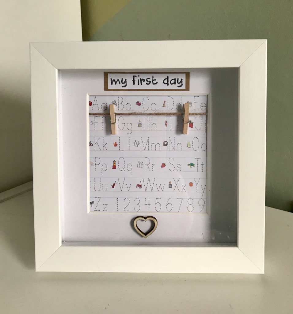 HandmadeNell's tweet photo. #keepsake frame to display child’s first day at school photograph. Letterset background, hand threaded mini pegs onto natural jute. Themed font header caption and cut out wooden heart allows date to be written #craft #design #nellshandmade https://t.co/RDafynxVbC