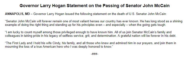 My statement on the passing of <a href="/SenJohnMcCain/">John McCain</a>: