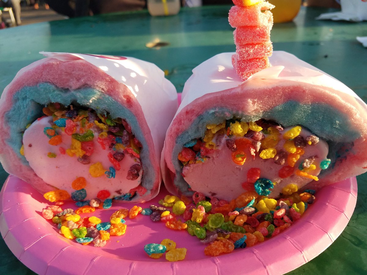Cotton candy burrito Strawberry ice cream Fruity pebbles Wrapped in cotton candy...