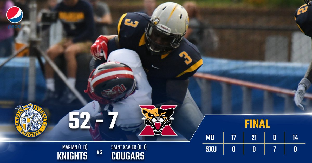 MUKnights's tweet photo. FB FINAL | Marian 52-7 St. Xavier

KNIGHTS WIN! Marian hangs 52 points on No. 6 St. X and moves to 1-0 on the season!

Next up: at Robert Morris Sept. 8 https://t.co/QHax2GcvzQ