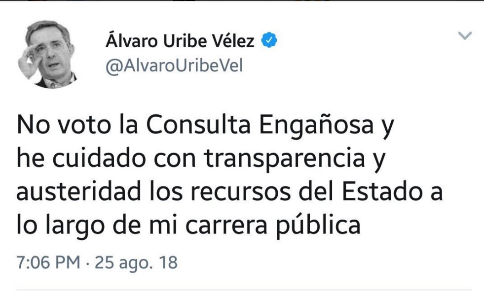 MeDicenWally's tweet photo. La persona que más ha engañado a este país le llama "Consulta Engañosa" a la iniciativa que en campaña presidencial apoyó. Eso es Uribe. https://t.co/1dZ1ci2d29