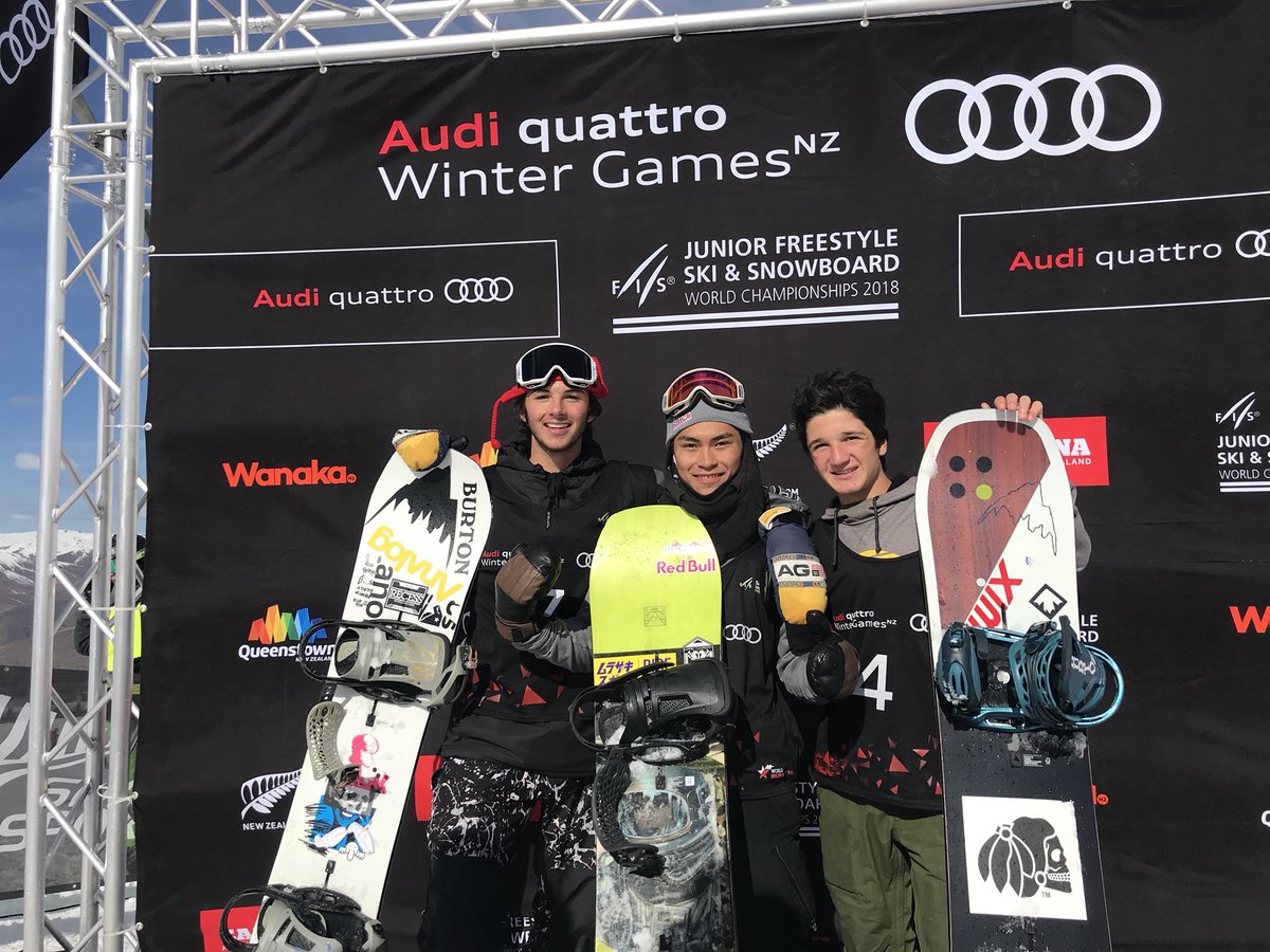 fissnowboard's tweet photo. Japan’s Takeru Otsuka takes gold in the men’s 2018 Junior big air World Championships! @usskiteam’s Luke Winkelmann takes silver and @CanadaSnowboard’s William Buffey earns the bronze. Full results to come...

#wgnz #bigair https://t.co/Apmi9qxNEs