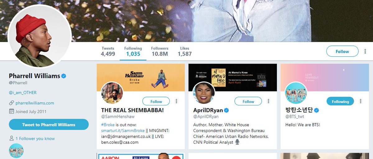 doolsetbangtan's tweet photo. Twitter users @/Pharrell and @BTS_twt are now following each other. https://t.co/2LfZwNOH81