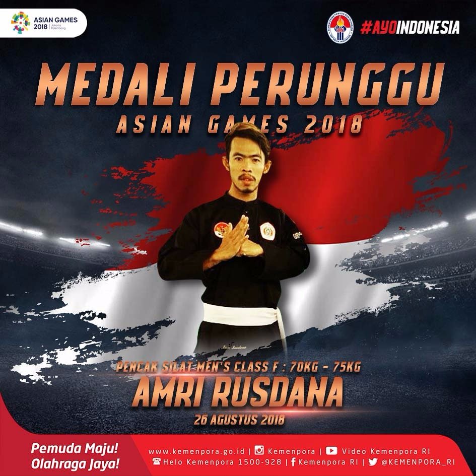 KEMENPORA_RI's tweet photo. Alhamdulillah pagi ini Indonesia kembali mendapat tambahan medali. Amri Rusdana berhasil meraih medali perunggu dari cabang olahraga Pencak Silat di nomor Men's Class 70-75 kg.
.
Terima kasih Amri. 👏
.
#AsianGames2018
#AsianGames
#AsianGamesKita
#AyoIndonesia 
#IndonesiaJuara https://t.co/1OgFxdP12X