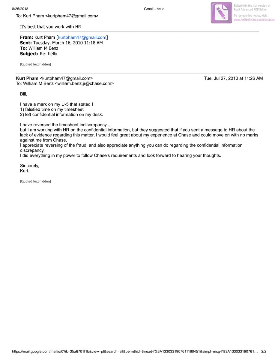 spiderpham's tweet photo. Behind the scenes William Benz Jr. was corresponding with Errin Smith of HR to expunge the falsification of timesheets when they realized that their little attempt to pin misconduct on me FAILED miserably. (See previous tweet)
@jpmorgan @Chase @jpmorganfunds https://t.co/FTf5jYaBr8