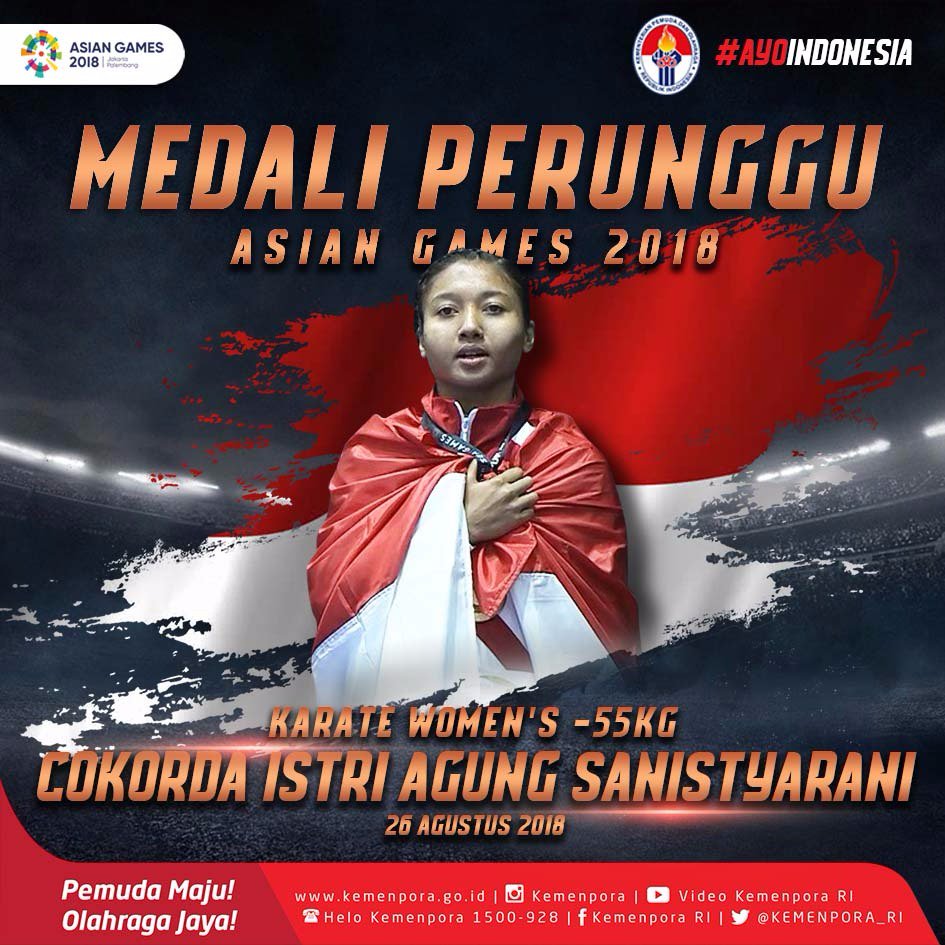 Medali perunggu dari arena karate! Selamat buat Cokorda Istri Agung. Terima kasih persembahan dan perjuangannya untuk merah putih

#AyoIndonesia 
#AsianGames2018 
#BikinBanggaIndonesia