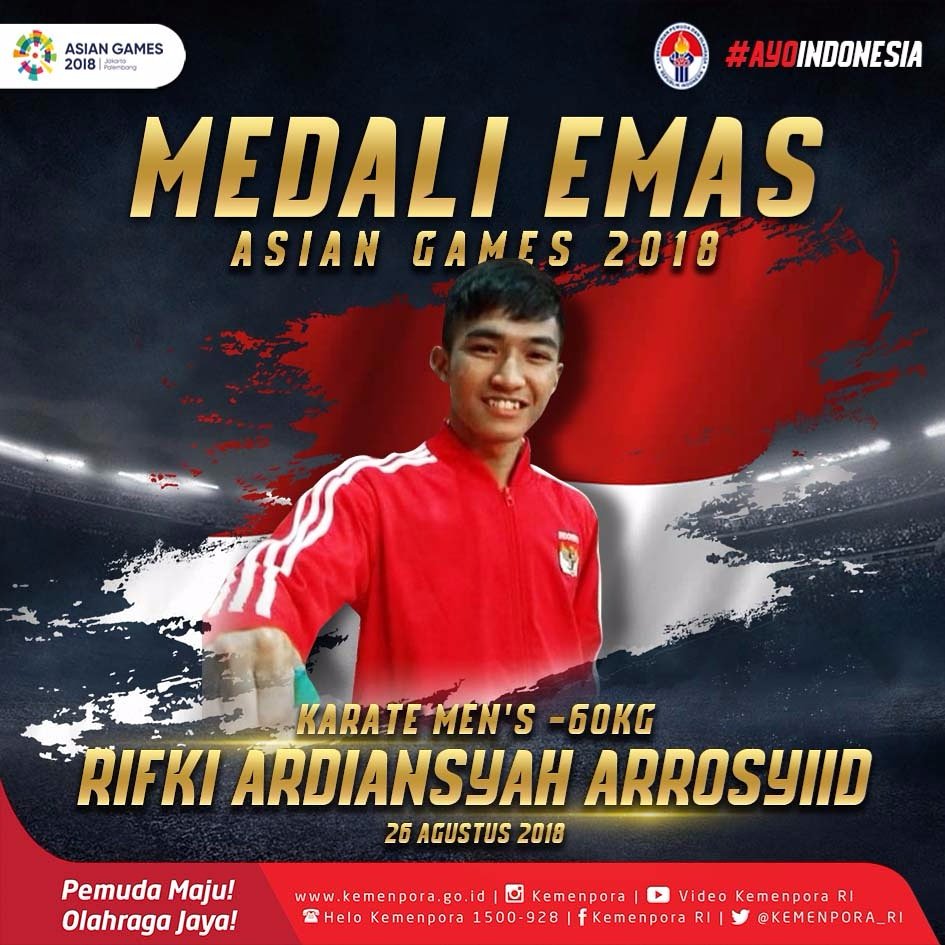 KEMENPORA_RI's tweet photo. MEDALI EMAS!!!
.
Yeees Indonesia kembali mendapat medali emas dari cabang olahraga karate nomor 60kg di raih oleh Rifki Ardinsyah Arrosyid.
.
Terima kasih Rifki sudah tampil sangat luar biasa hari ini dan mempersembahkan medali emas untuk Indonesia. Kami bangga!
.
#AsianGames2018 https://t.co/ljE240kbcl