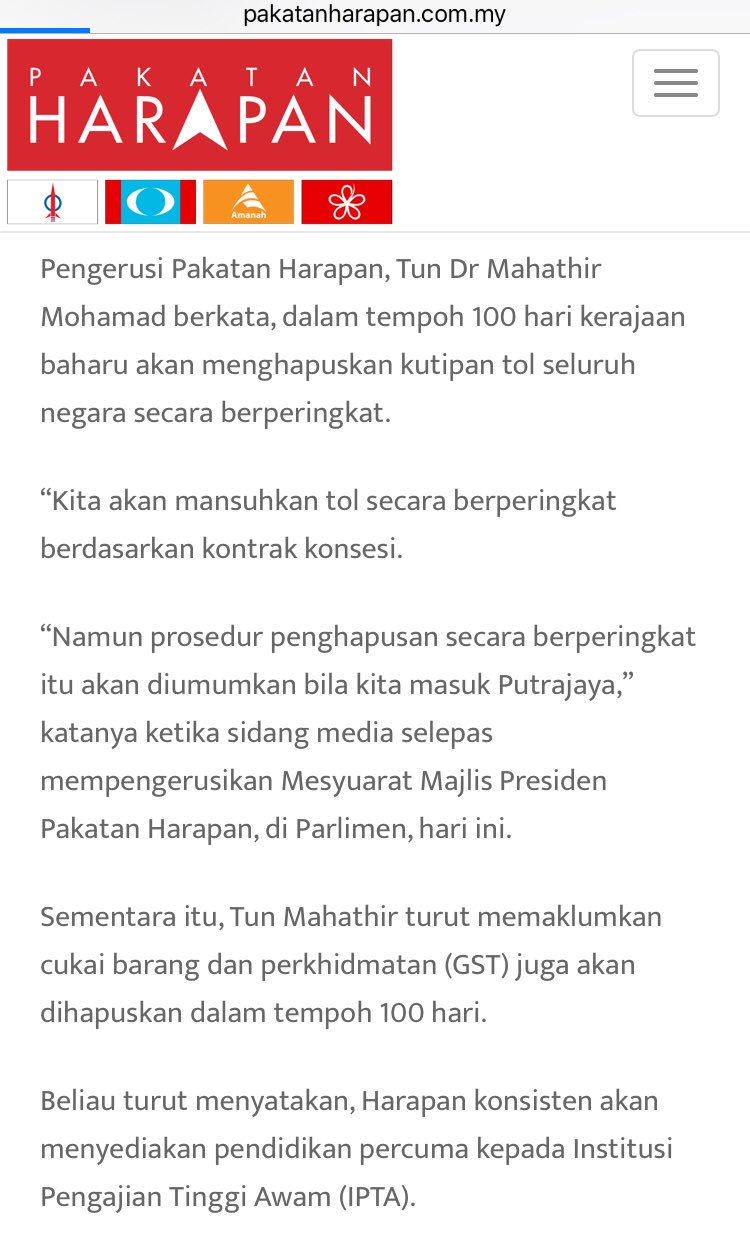 Yang Bervaksin On Twitter Pengerusi Pakatan Harapan Kata Dlm Tempoh 100 Hari Akan Hapus Kutipan Tol Seluruh Negara Dlm Tempoh 100 Hari Akan Hapus Gst Pendidikan Percuma Ipta